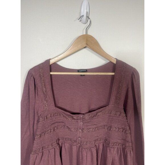 Torrid Top Womens 4x Purple Mauve Babydoll Top Lace Long Sleeve Boho Whimsical - Picture 2 of 11